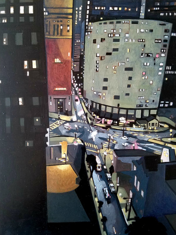 Philadelphia nightlife cityscape painting created with Minwax wood stain by Sean Carney