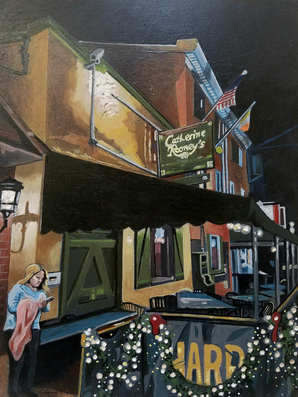 Trolley Square Catherine Rooney's nightlife cityscape painting created with Minwax wood stain by Sean Carney
