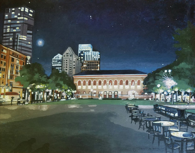 Boston nightlife cityscape painting created with Minwax wood stain by Sean Carney