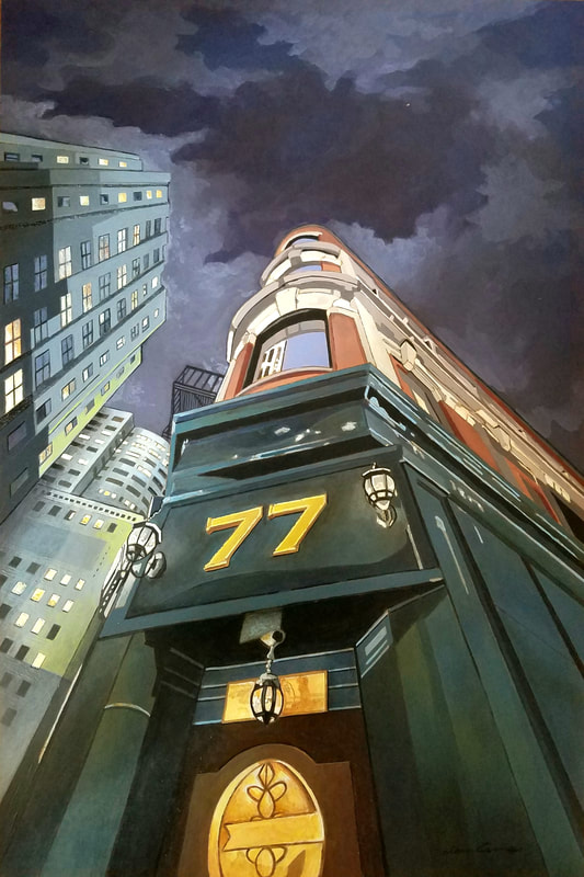 Boston Mr. Dooley's nightlife cityscape painting created with Minwax wood stain by Sean Carney