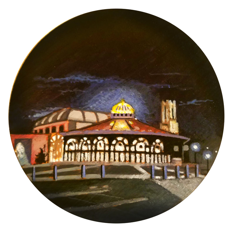 Asbury Park  nightlife cityscape painting created with Minwax wood stain by Sean Carney