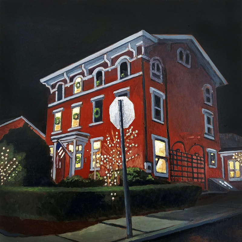 The Inn of the Hawke Lambertville nightlife cityscape painting created with Minwax wood stain by Sean Carney