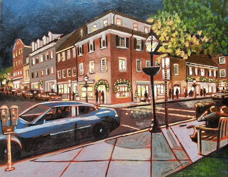 Princeton Palmer's Square nightlife cityscape painting created with Minwax wood stain by Sean Carney