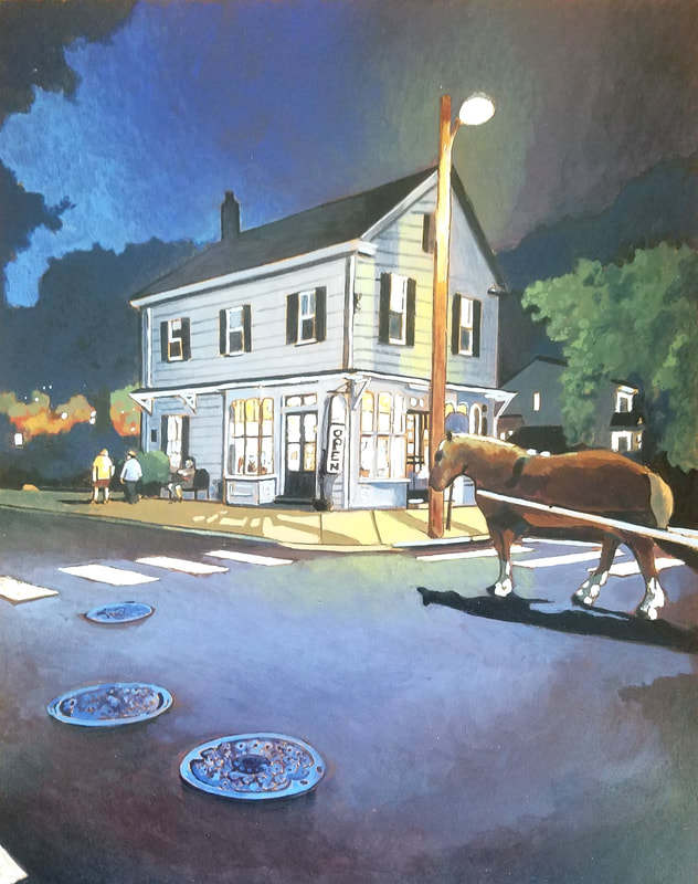 Cape May nightlife cityscape painting created with Minwax wood stain by Sean Carney