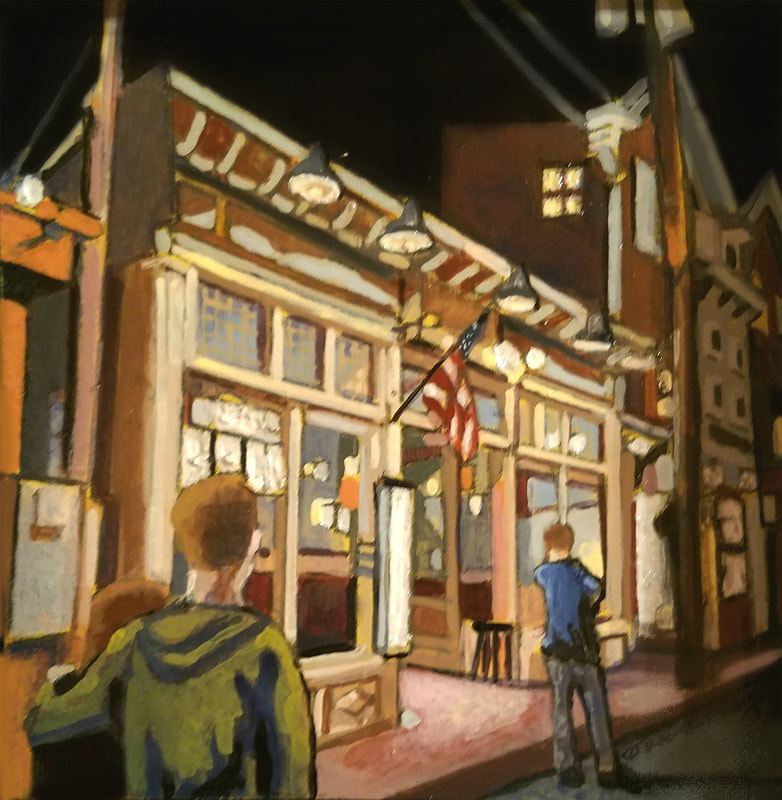 Way Down Town Provincetown nightlife cityscape painting created with Minwax wood stain by Sean Carney